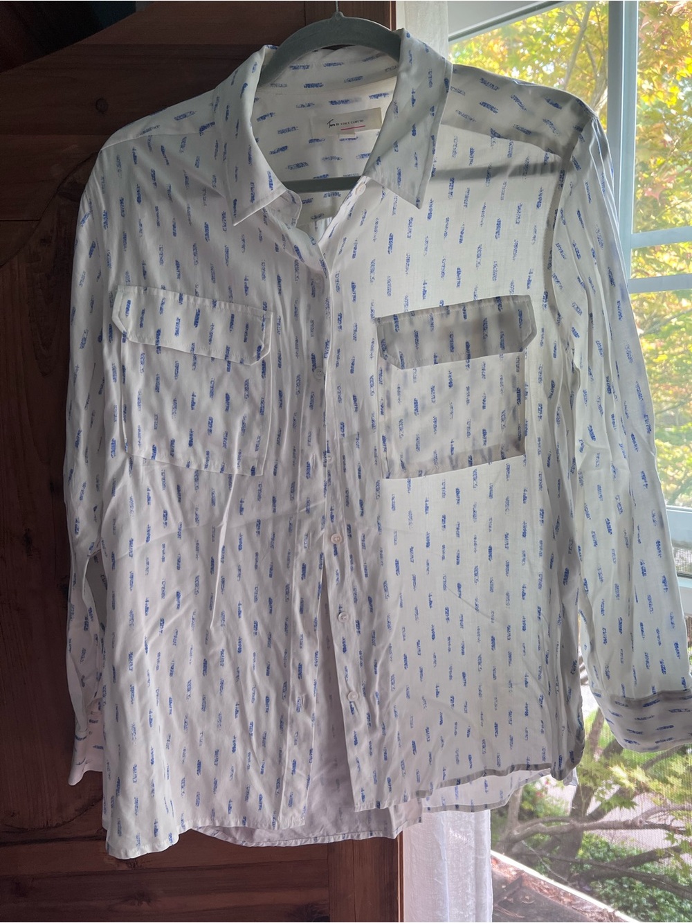 Vince Camuto White Button-Down Shirt with Blue Micro Motif